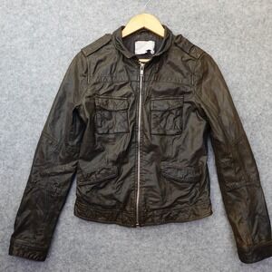 Q40 Leather Jacket Womens XS S Brown Fitted Moto Biker Distressed Y2K Utility